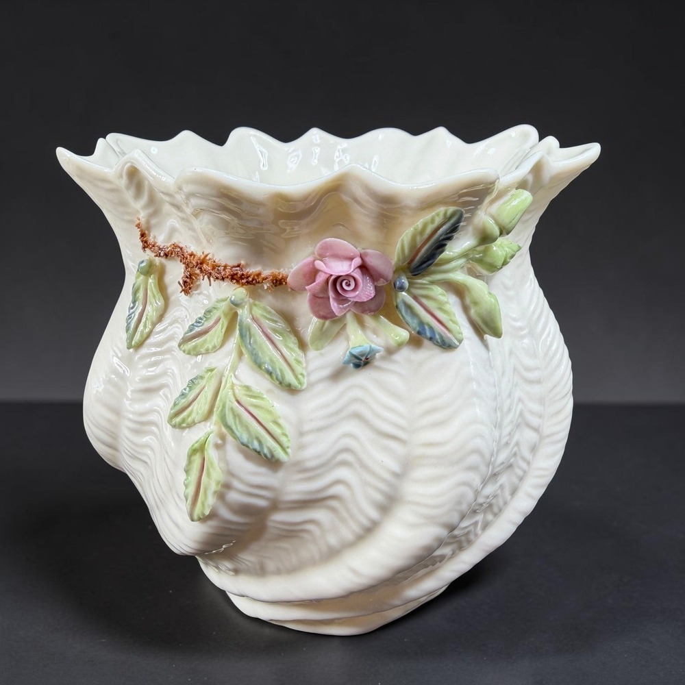 Belleek Millennium 2000 Shell Vase Bowl Fine Parian China Ireland Floral Rose